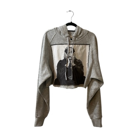 Tupac Gray Upcycled Cropped Hoodie with Graphic Print - Picture 1 of 4